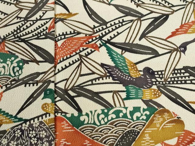 平和屋着物●江戸紅型　五味桂子　訪問着　型染め　立波飛鶴舞花文　鬼しぼ縮緬　正絹　逸品　CABI2871yc
