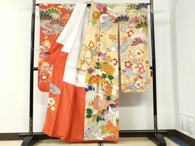 平和屋着物●豪華振袖　駒刺繍　立波鳳凰牡丹花文　金彩　正絹　逸品　CABI2894yc