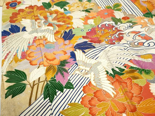 平和屋着物●豪華振袖　駒刺繍　立波鳳凰牡丹花文　金彩　正絹　逸品　CABI2894yc