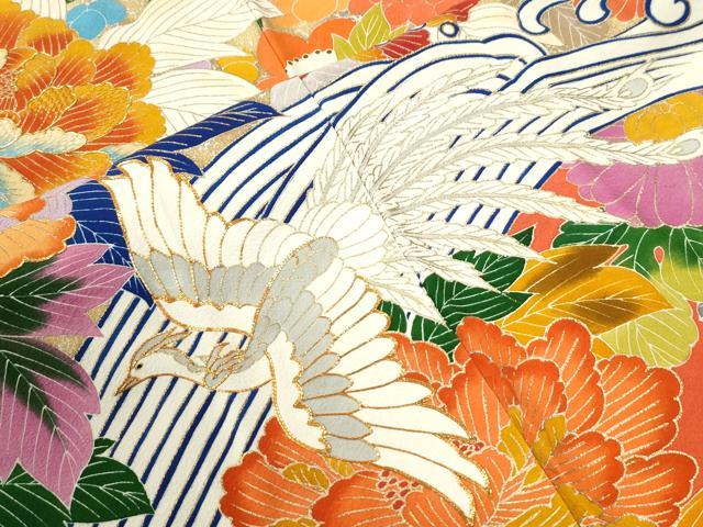 平和屋着物●豪華振袖　駒刺繍　立波鳳凰牡丹花文　金彩　正絹　逸品　CABI2894yc