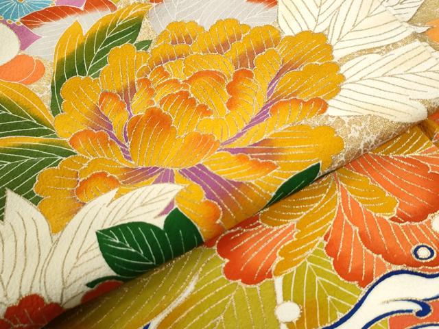 平和屋着物●豪華振袖　駒刺繍　立波鳳凰牡丹花文　金彩　正絹　逸品　CABI2894yc