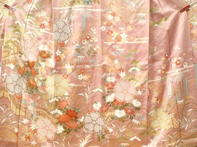 平和屋着物●豪華振袖　駒刺繍　絞り　エ霞竜田川渡り橋舞花文　金彩　正絹　逸品　CABI2895yc