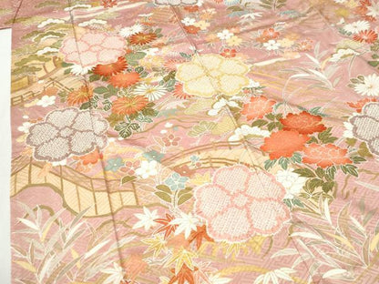 平和屋着物●豪華振袖　駒刺繍　絞り　エ霞竜田川渡り橋舞花文　金彩　正絹　逸品　CABI2895yc