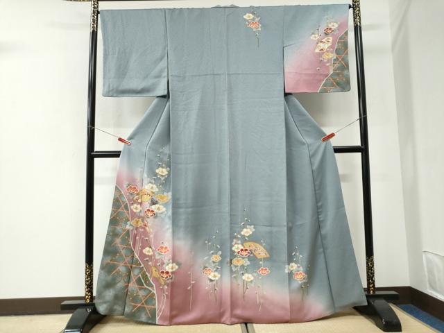 平和屋着物●訪問着　籬地紙草花文　暈し染め　金彩　正絹　逸品　CABI2897yc