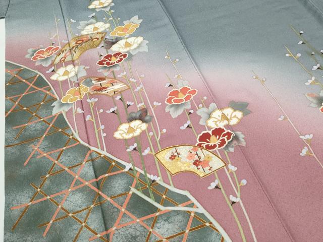 平和屋着物●訪問着　籬地紙草花文　暈し染め　金彩　正絹　逸品　CABI2897yc