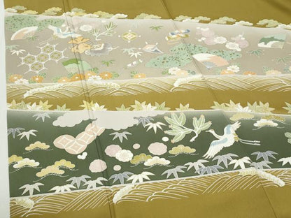 平和屋着物●訪問着　駒刺繍　飛鶴宝尽くし松竹梅花文　暈し染め　金彩　正絹　逸品　CABI2899yc