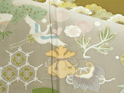 平和屋着物●訪問着　駒刺繍　飛鶴宝尽くし松竹梅花文　暈し染め　金彩　正絹　逸品　CABI2899yc
