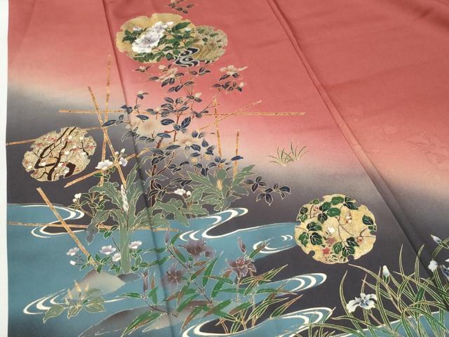 平和屋着物●訪問着　流水雪輪竹垣草花文　暈し染め　金彩　正絹　逸品　CABI2907yc