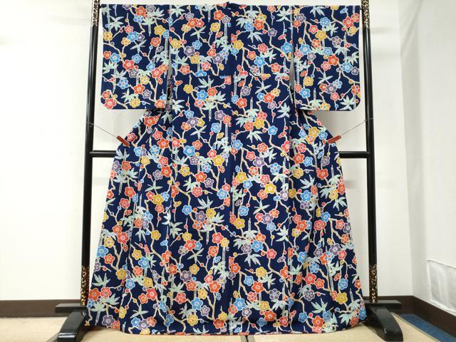 平和屋着物●上質な小紋　型染め　笹梅文　鬼しぼ縮緬　ロング丈　正絹　逸品　CABI2908yc