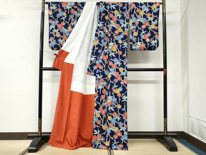 平和屋着物●上質な小紋　型染め　笹梅文　鬼しぼ縮緬　ロング丈　正絹　逸品　CABI2908yc