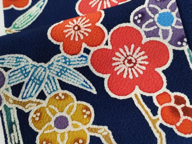 平和屋着物●上質な小紋　型染め　笹梅文　鬼しぼ縮緬　ロング丈　正絹　逸品　CABI2908yc