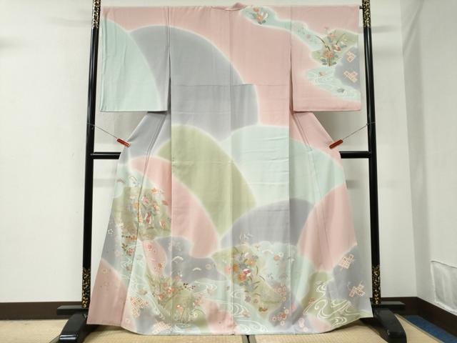 平和屋着物●訪問着　駒刺繍　流水草花文　暈し染め　金彩　正絹　逸品　CABI2912yc