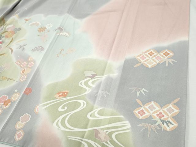 平和屋着物●訪問着　駒刺繍　流水草花文　暈し染め　金彩　正絹　逸品　CABI2912yc