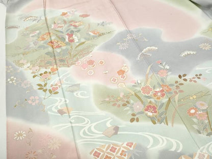 平和屋着物●訪問着　駒刺繍　流水草花文　暈し染め　金彩　正絹　逸品　CABI2912yc