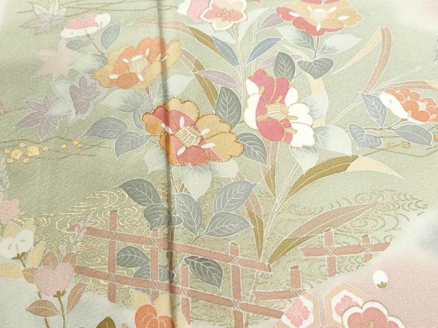 平和屋着物○訪問着 駒刺繍 流水草花文 暈し染め 金彩 正絹