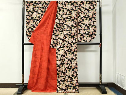 平和屋着物●小振袖　二尺袖　花蝶文　黒地　洗える着物　CABI2916yc