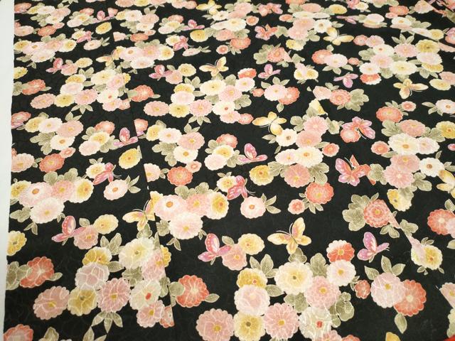 平和屋着物●小振袖　二尺袖　花蝶文　黒地　洗える着物　CABI2916yc