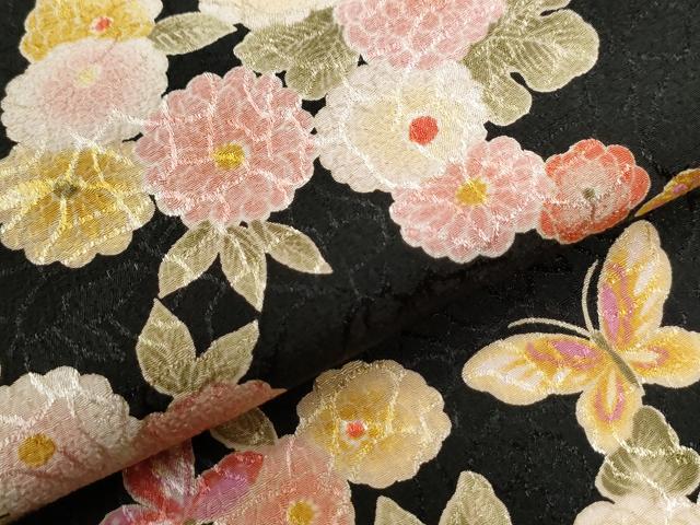平和屋着物●小振袖　二尺袖　花蝶文　黒地　洗える着物　CABI2916yc