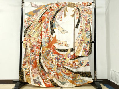 平和屋着物●豪華振袖　駒刺繍　束ね熨斗鳳凰吉祥花車文　金彩　正絹　逸品　CABI2918yc