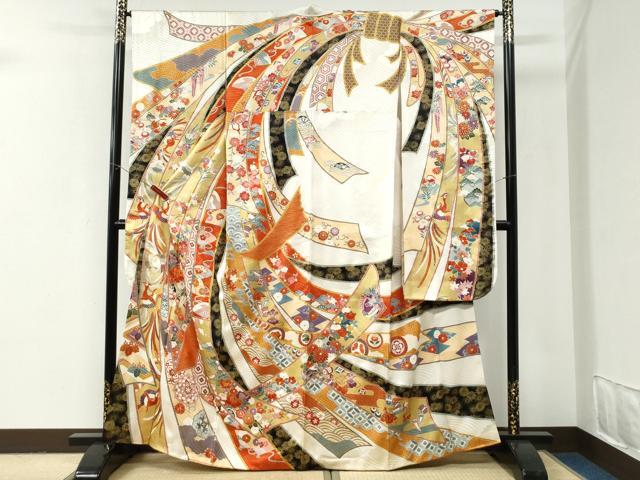 平和屋着物●豪華振袖　駒刺繍　束ね熨斗鳳凰吉祥花車文　金彩　正絹　逸品　CABI2918yc