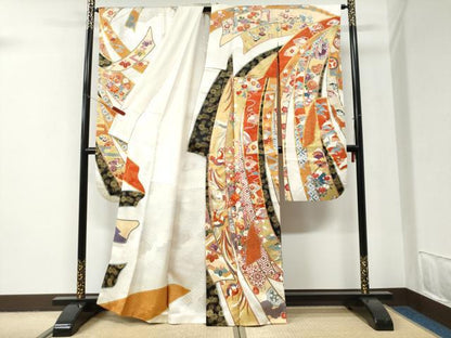平和屋着物●豪華振袖　駒刺繍　束ね熨斗鳳凰吉祥花車文　金彩　正絹　逸品　CABI2918yc