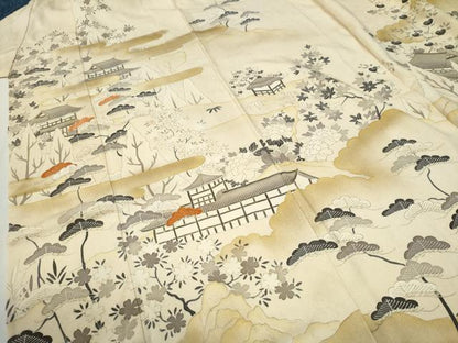 平和屋着物●訪問着　刺繍　雲取りエ霞風景文　金彩　正絹　逸品　CABI2924yc