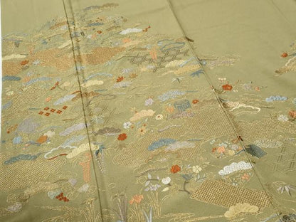 平和屋着物●訪問着　総刺繍　雲取り地紙御所車松竹梅花文　金糸　正絹　逸品　CABI2928yc
