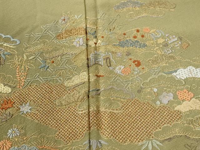 平和屋着物●訪問着　総刺繍　雲取り地紙御所車松竹梅花文　金糸　正絹　逸品　CABI2928yc