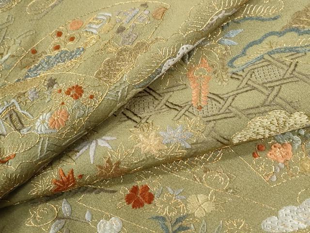 平和屋着物●訪問着　総刺繍　雲取り地紙御所車松竹梅花文　金糸　正絹　逸品　CABI2928yc