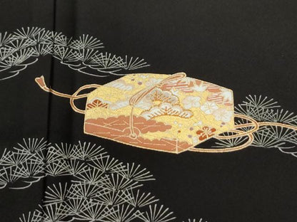 平和屋着物●訪問着　駒刺繍　源氏香　文箱浜松短冊吉祥文　黒地　金彩　ロング丈　正絹　逸品　未使用　CABI2929yc