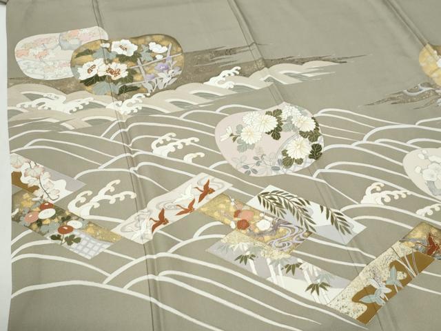 平和屋着物●豪華色留袖 駒刺繍 立波短冊飛鶴草花文 金彩 正絹 逸品 CABI2949yc