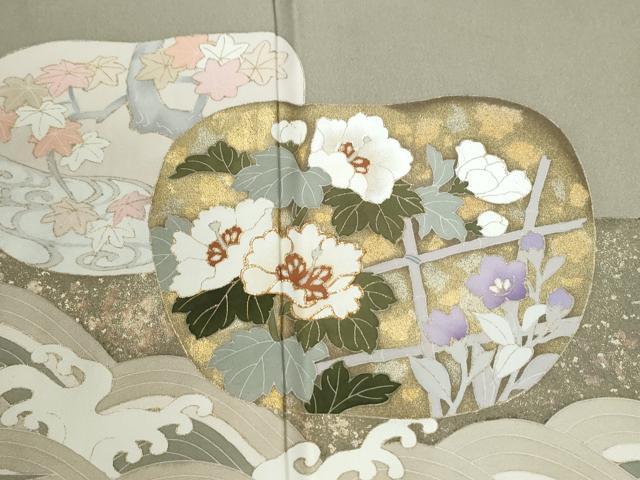 平和屋着物●豪華色留袖 駒刺繍 立波短冊飛鶴草花文 金彩 正絹 逸品 CABI2949yc