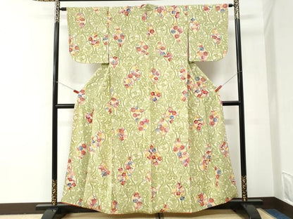 平和屋着物●上質な小紋　よろけ縞草花文　鬼しぼ縮緬　正絹　逸品　CABI2958yc