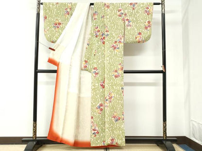 平和屋着物●上質な小紋　よろけ縞草花文　鬼しぼ縮緬　正絹　逸品　CABI2958yc