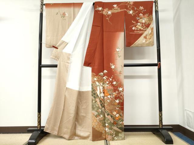 平和屋着物●訪問着　駒刺繍　松竹梅風景扇橘花文　暈し染め　金彩　正絹　逸品　CABI2962yc