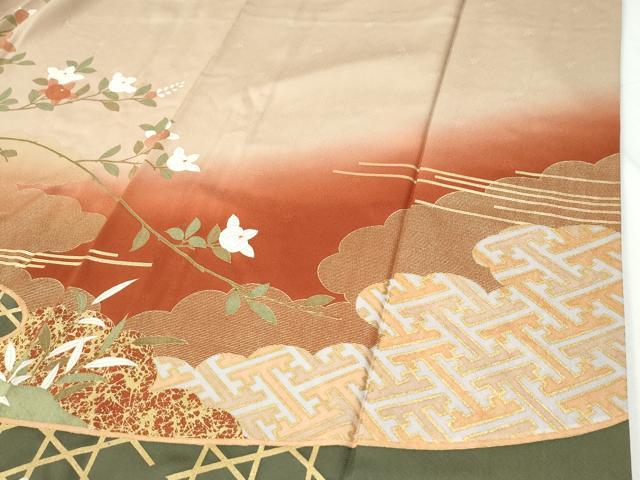 平和屋着物●訪問着　駒刺繍　松竹梅風景扇橘花文　暈し染め　金彩　正絹　逸品　CABI2962yc
