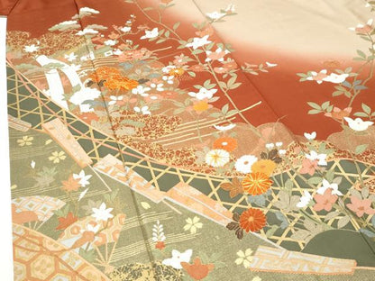 平和屋着物●訪問着　駒刺繍　松竹梅風景扇橘花文　暈し染め　金彩　正絹　逸品　CABI2962yc