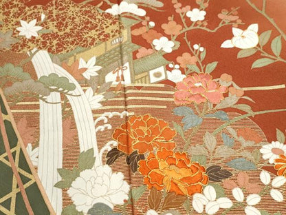 平和屋着物●訪問着　駒刺繍　松竹梅風景扇橘花文　暈し染め　金彩　正絹　逸品　CABI2962yc