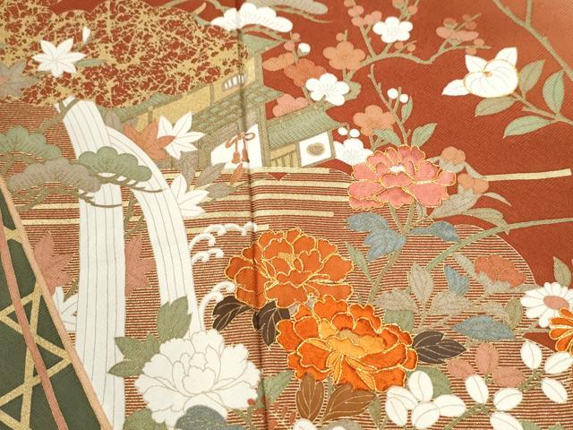 平和屋着物●訪問着　駒刺繍　松竹梅風景扇橘花文　暈し染め　金彩　正絹　逸品　CABI2962yc