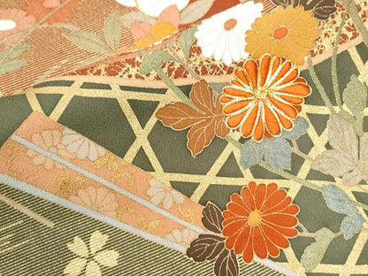 平和屋着物●訪問着　駒刺繍　松竹梅風景扇橘花文　暈し染め　金彩　正絹　逸品　CABI2962yc