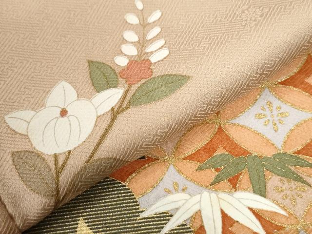平和屋着物●訪問着　駒刺繍　松竹梅風景扇橘花文　暈し染め　金彩　正絹　逸品　CABI2962yc