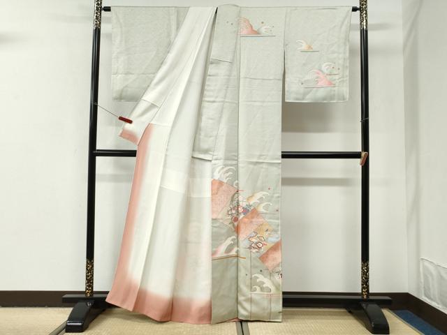 平和屋着物●訪問着　駒刺繍　立波草花文　金彩　正絹　逸品　CABI2981yc
