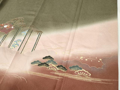 平和屋着物●訪問着　松竹梅扇面花文　暈し染め　金彩　正絹　逸品　CABI2987yc