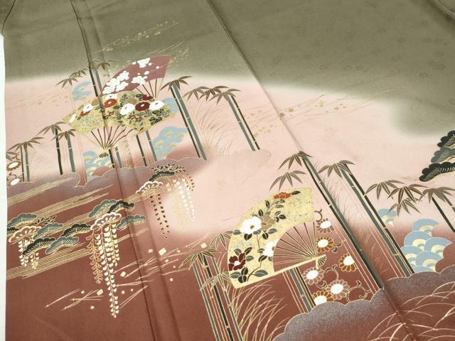 平和屋着物●訪問着　松竹梅扇面花文　暈し染め　金彩　正絹　逸品　CABI2987yc