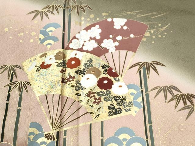 平和屋着物●訪問着　松竹梅扇面花文　暈し染め　金彩　正絹　逸品　CABI2987yc