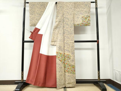 平和屋着物●訪問着　型染め　流水草花文　正絹　逸品　未使用　CABI2991yc