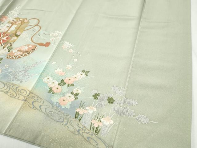 平和屋着物●豪華色留袖　駒刺繍　流水貝桶草花文　暈し染め　金彩　正絹　逸品　CABI2995yc