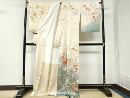 平和屋着物●訪問着　駒刺繍　牡丹花文　暈し染め　金銀彩　ロング丈　正絹　逸品　CABI2996yc