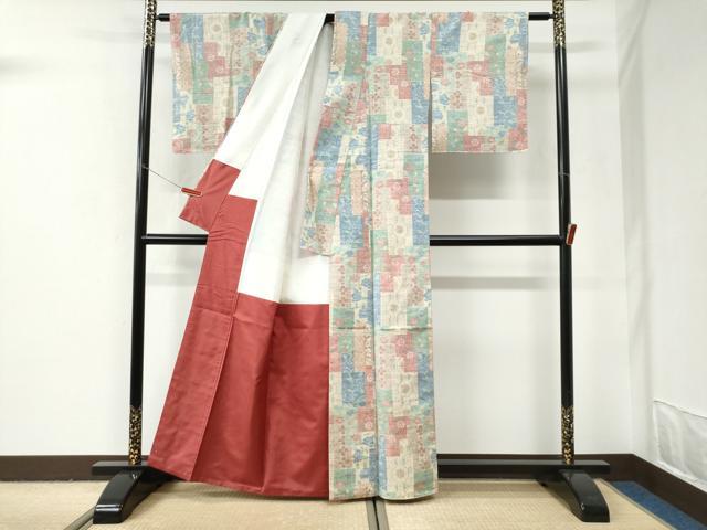 平和屋着物●上質な紬　色紙重ね花唐草文　正絹　逸品　未使用　CABI3005yc