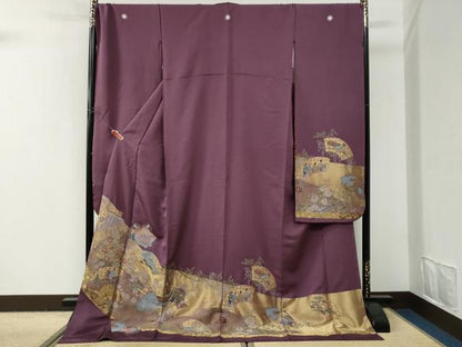 平和屋着物●豪華振袖　寿光織　地紙人物几帳御所車花文　金糸　正絹　逸品　CABI3027yc